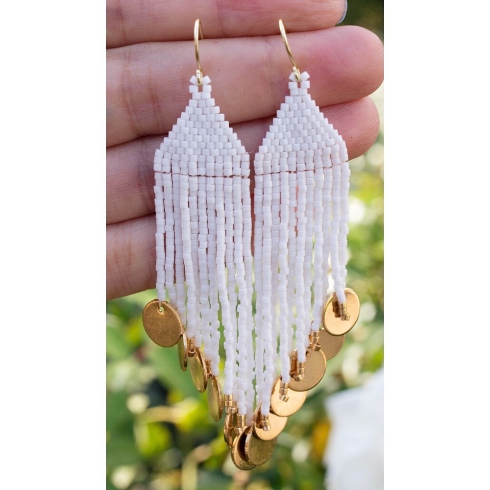 MIYUKI handbeaded white and gold earrings,